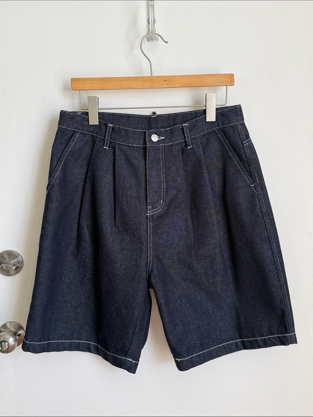 Veil High Waisted Dark Blue Denim Pleated Shorts